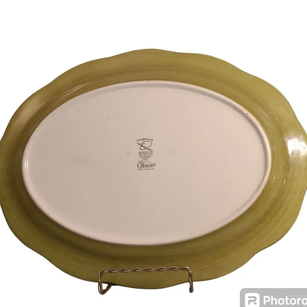 Vintage Gibson Green Hand Painted Oval Serving Tray 14 X 10.5